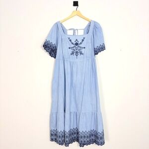 Old Navy Denim Chambray Square Neck Tiered Midi Dress Pockets Embroidered 2X